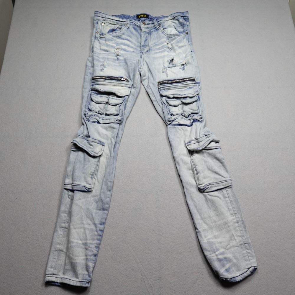 GFTD LA Jeans Mens 32 Acid Wash Blue Slim Moto Streetwear Ripped Denim distress